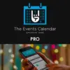 Imagen promocional de The Events Calendar Pro con icono de calendario y manos usando un smartphone sobre fondo con luces desenfocadas