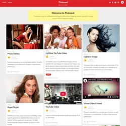 Captura de pantalla del tema Themify Pinboard con diseño tipo mosaico y varias tarjetas de contenido multimedia en una página web.