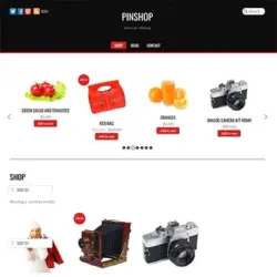 Captura de pantalla de la página de inicio de Themify Pinshop con encabezado negro, carrusel de productos y sección de tienda con artículos destacados