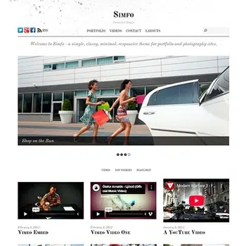 Themify Simfo Captura de pantalla del tema Themify Simfo con diseño web minimalista, menú de navegación y galería de videos integrada