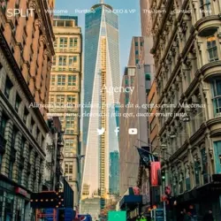 Themify Split con página de inicio tipo agencia, mostrando una calle urbana entre rascacielos y un menú de navegación superior