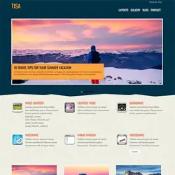 Vista previa del tema Themify Tisa con diseño web tipo blog y fotografía de paisaje al atardecer en el encabezado