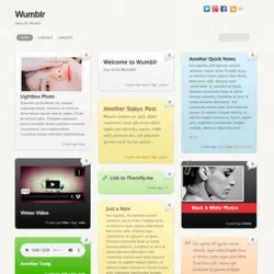 Captura de pantalla del tema Themify Wumblr con diseño tipo Tumblr, widgets, notas y galería de fotos en una página web.