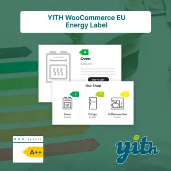 YITH WooCommerce EU Energy Label Premium Banner promocional de YITH WooCommerce EU Energy Label Premium mostrando etiquetas de eficiencia energética para productos de tienda online