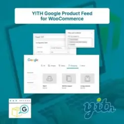 Banner promocional del plugin YITH WooCommerce Google Product Feed Premium para WooCommerce con interfaz de configuración y vista previa de productos en Google Shopping