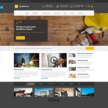 Captura de pantalla de un sitio web de construcción con cabecera de navegación y secciones de servicios, mostrando el BuildPress Construction and Landscape Theme.