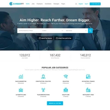 Captura de la página de inicio del Careerfy Job Board WordPress Theme con barra de búsqueda de empleos y categorías laborales destacadas