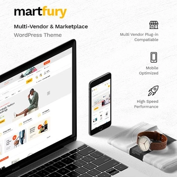 Banner promocional del Martfury WooCommerce Marketplace Theme mostrando una tienda en línea en laptop y móvil con enfoque en marketplace multivendedor