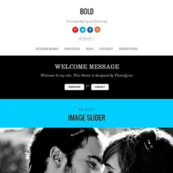 Gpl Descargas WordPress Plugins y Temas Premium Página web con un diseño de Themify Bold mostrando una cabecera con enlaces de navegación, un mensaje de bienvenida y una sección de imagen central de una pareja sonriendo.