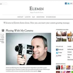 Gpl Descargas WordPress Plugins y Temas Premium En la imagen se muestra un diseño de un sitio web con un tema clásico llamado Themify Elemin, destacando una fotografía de un hombre usando una cámara vintage, acompañado de varias secciones laterales que incluyen enlaces de redes sociales e imágenes.