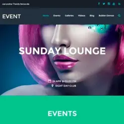 Gpl Descargas WordPress Plugins y Temas Premium Una página web moderna con un enfoque en un evento llamado "Sunday Lounge" destacando un diseño vibrante con una imagen de mujer con cabello rosa y maquillaje artístico, acompañada por detalles del evento en el "Eight Day Club", mostrando el estilo y creatividad de Themify Event.