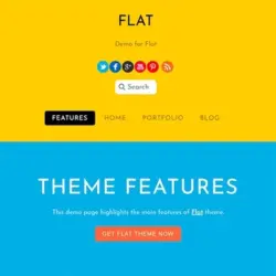 Gpl Descargas WordPress Plugins y Temas Premium Una página de muestra del tema Themify Flat presenta un diseño colorido con secciones para características, portafolio y blog, e íconos de redes sociales sobre un fondo amarillo y azul, destacando un botón rojo para obtener el tema.