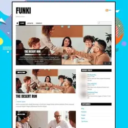 Vista previa del tema de WordPress Themify Funki con diseño tipo revista y una imagen de un equipo reunido en una mesa de trabajo