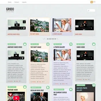 Themify Grido Captura de pantalla del tema de WordPress Themify Grido con cuadrícula de entradas, miniaturas de video e imágenes