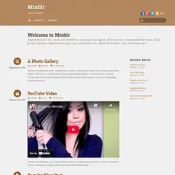 Captura de pantalla del tema Themify Minblr con diseño de blog, encabezado y contenido con galería de fotos y video de YouTube.