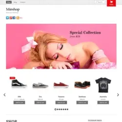 Captura de pantalla del tema de tienda online Themify Minshop con banner rosa de colección especial y carrusel de productos