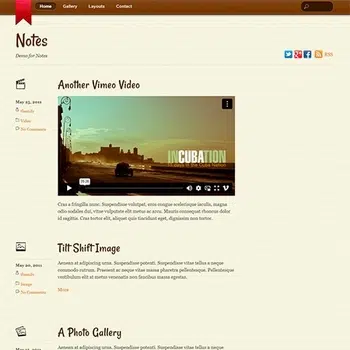 Themify Notes Captura de pantalla del tema Themify Notes mostrando una página de blog con un reproductor de video y entradas en un diseño limpio