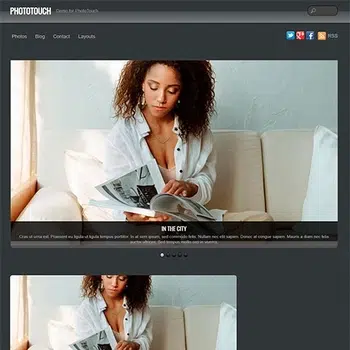 Themify PhotoTouch Captura de pantalla del tema Themify PhotoTouch con una mujer sentada en un sofá leyendo una revista en un carrusel de portada