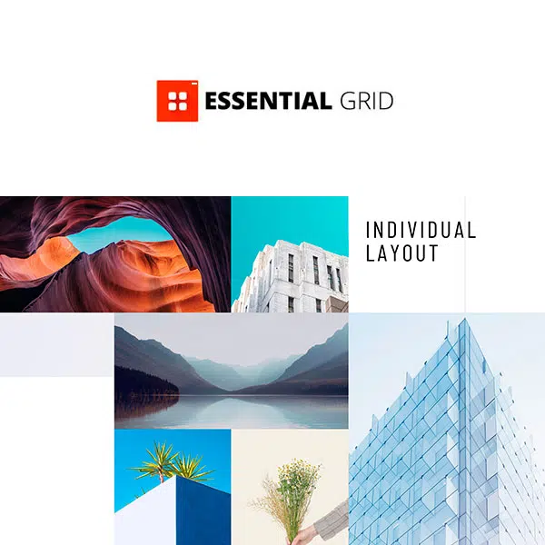 Banner promocional del Essential Grid Gallery WordPress Plugin con collage de fotografías y texto "Essential Grid" e "Individual Layout"