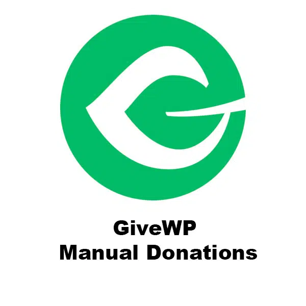 Logotipo verde con texto "GiveWP Manual Donations" en fondo blanco