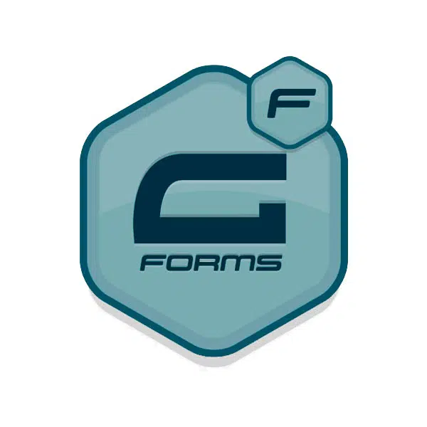 Logotipo de Gravity Forms con una G estilizada dentro de un emblema azul verdoso