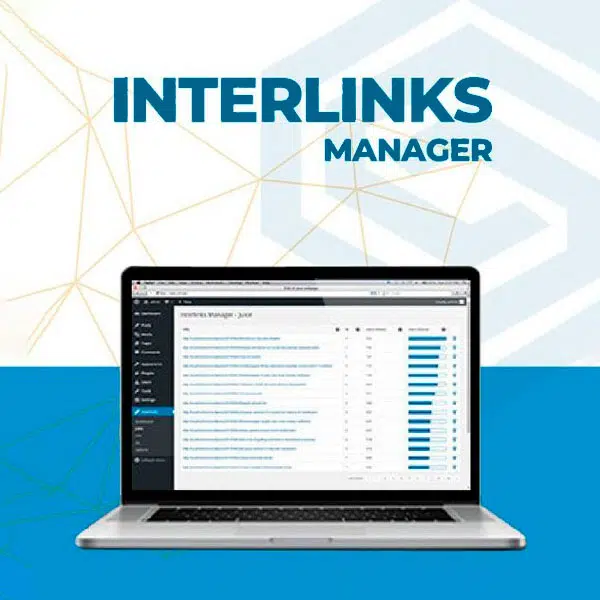 Banner de Interlinks Manager con un portátil mostrando un panel de gestión de enlaces internos en WordPress