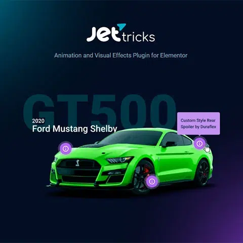 Banner promocional de JetTricks for Elementor con un coche deportivo Ford Mustang Shelby verde y efectos visuales interactivos