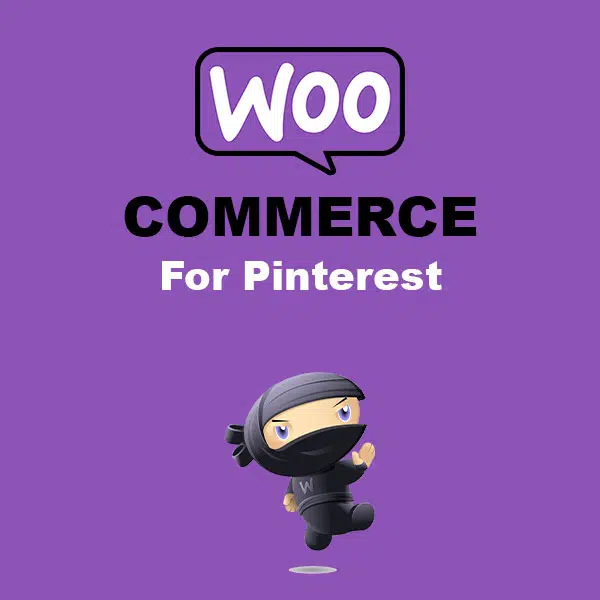 Ilustración promocional de WooCommerce for Pinterest con el logo "Woo", texto "Commerce for Pinterest" y un personaje ninja sobre fondo morado, ideal para Pinterest for WooCommerce.