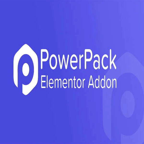 Logotipo de PowerPack Addons For Elementor con texto PowerPack Elementor Addon sobre fondo azul degradado