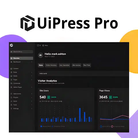 Captura de un panel de administración oscuro con gráficos y métricas, UiPress Pro Modern WordPress Dashboard