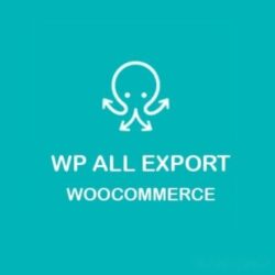 Logotipo minimalista de WP All Export WooCommerce en fondo turquesa para WP All Export Pro WooCommerce Add-On