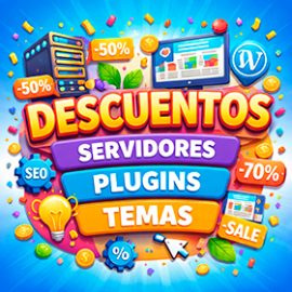 Banner colorido de descuentos con textos de servidores, plugins y temas, iconos de WordPress y etiquetas de porcentaje