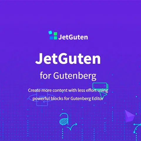 Banner morado con el texto JetGuten for Gutenberg y gráficos tecnológicos en estilo moderno