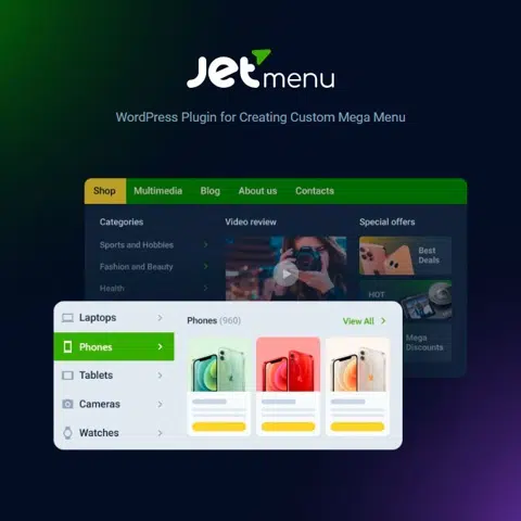 Interfaz de creación de mega menú en WordPress con JetMenu for Elementor, mostrando categorías y productos en un menú desplegable