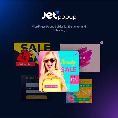 Banner promocional de JetPopup for Elementor con ejemplos de popups de venta y descuentos en WordPress