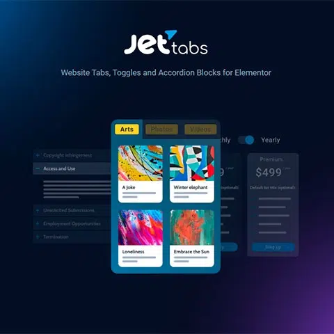 Interfaz promocional de JetTabs for Elementor con bloques de pestañas y acordeón mostrando tarjetas de contenido