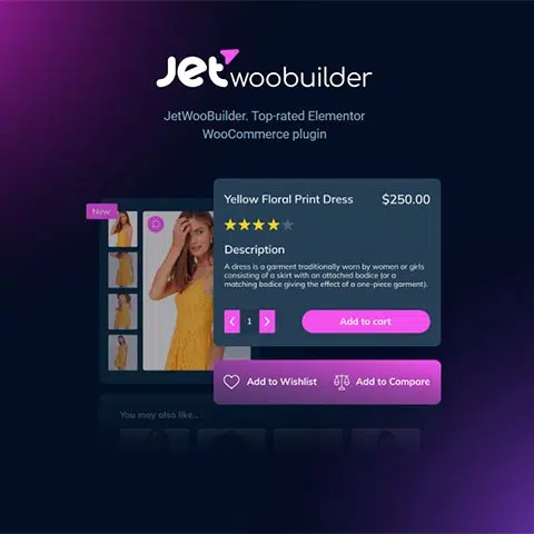 Interfaz del plugin JetWooBuilder for Elementor mostrando una ficha de producto de WooCommerce con galería de imágenes, descripción y botones de compra