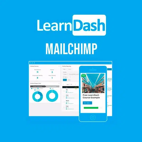 Ilustración de integración LearnDash Mailchimp con panel de analíticas y vista móvil de un curso