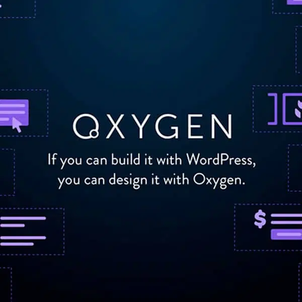 Logotipo y eslogan de Oxygen Builder para diseño de sitios web en WordPress sobre fondo azul con iconos de interfaz