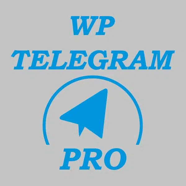 Logotipo azul de WP Telegram Pro con icono de avión de papel dentro de un círculo sobre fondo gris